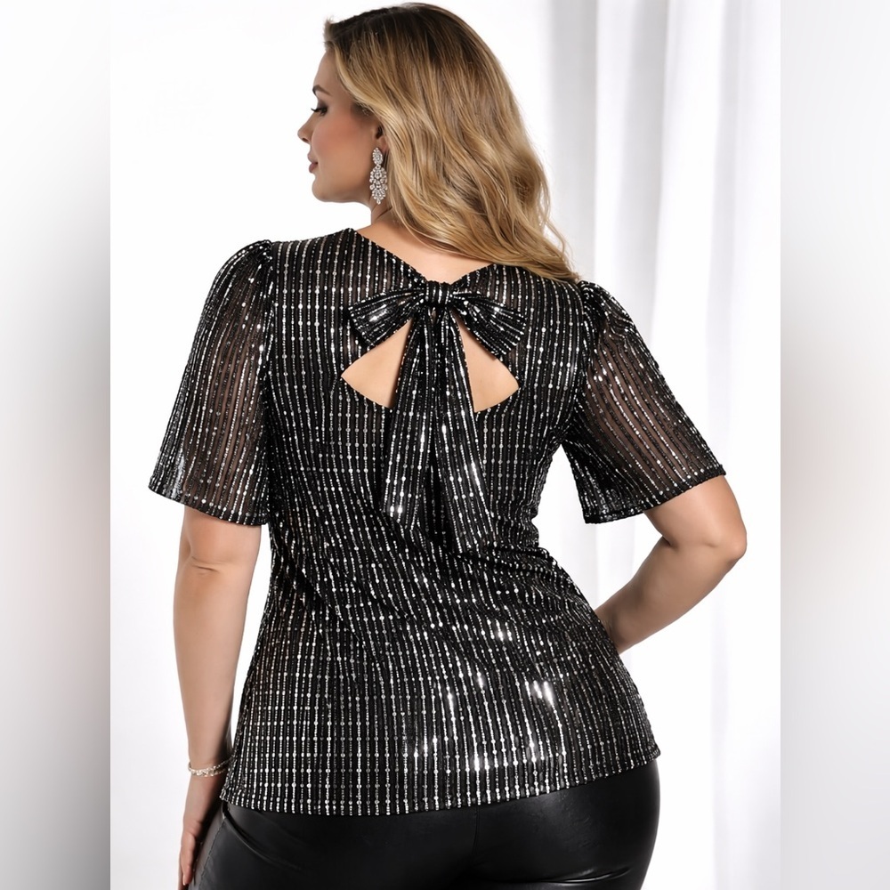 Love & Roses Sequin Tie Back Top Black Silver Glam Party NWT 18